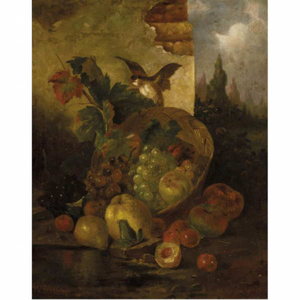 Escuela Europea Antigua.   "Bodegón". Óleo sobre lienzo. Firmado en el ángulo inferior izquierdo.