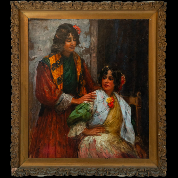 Pareja de Damas con Traje de Flamenca, Roberto Soler (Alcoy, 1896 - Valencia, 1968), escuela post - impresionista española del siglo XIX - XX.