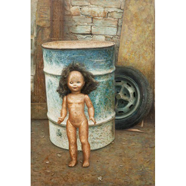 LUIS MIGUEL GOMEZ  (Basauri, Vizcaya 1955) "Bodegón de muñeca, bidón y rueda"