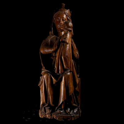 Exquisita Gran Virgen Sedente &quot;Sedes Sapientiae&quot; Gótica Alemana en Roble, siglo XV. 