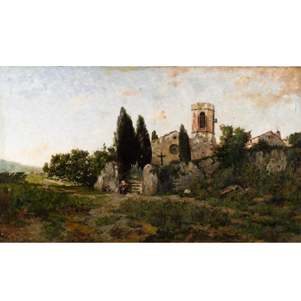 Modesto Urgell.  "Tocando a oración". Óleo sobre lienzo