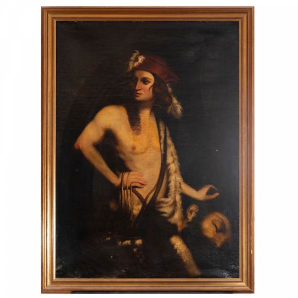 "David con la Cabeza de Goliat" Escuela Italiana del siglo XVIII.    Óleo sobre lienzo