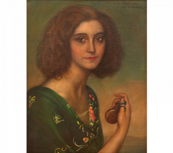 JULIO ROMERO DE TORRES (Córdoba, 1874 - 1930).  Retrato de la actriz Marichú Begoña.   Temple sobre lienzo. 