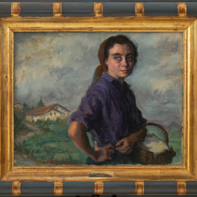 &quot;Aldeana vasca con cesta y caserío de fondo&quot;   ÁNGEL GARAVILLA (Lequeitio, 1906-Barcelona, 1961)