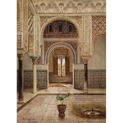 Enrique Roldán.    &quot;Reales Alcázares de Sevilla&quot;. Óleo sobre tabla. Firmado 