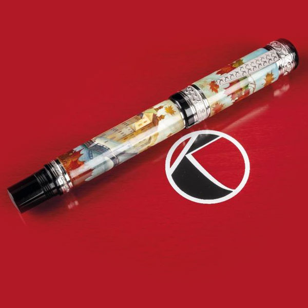 Pluma Kynsey Autum.   Estilogr&aacute;fica realizada en t&eacute;cnica de pintura miniaturista rusa por "Natroyka. Plum&iacute;n de oro de 18 K.