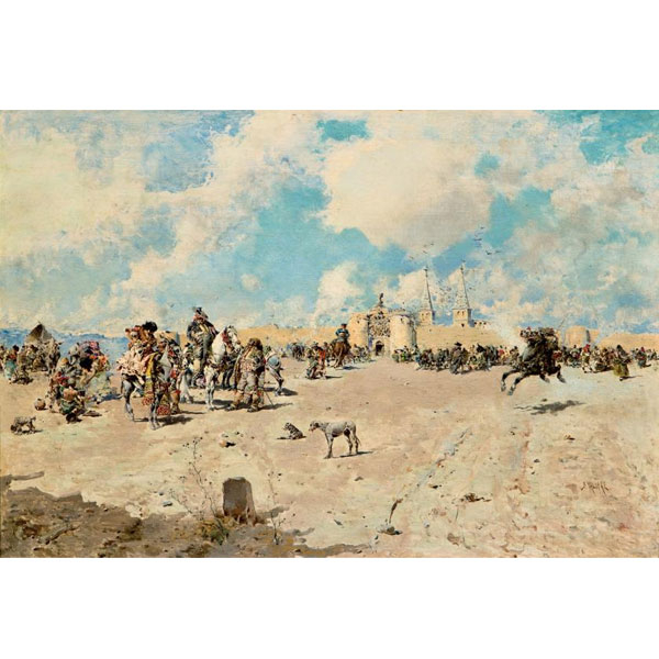 Baldomero Galofre.  &quot;Caballistas descansando&quot;. Óleo sobre tabla.