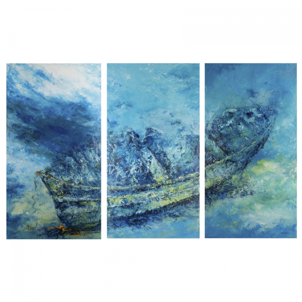 Alfonso Cruz Suárez (Terrassa, 1958)  Barco bajo las olas.  Tríptico de óleos sobre tela pintados bajo el agua. Firmados.