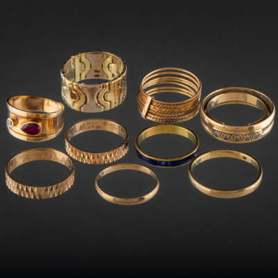 Conjunto de nueve anillos en oro amarillo de 18 kt.