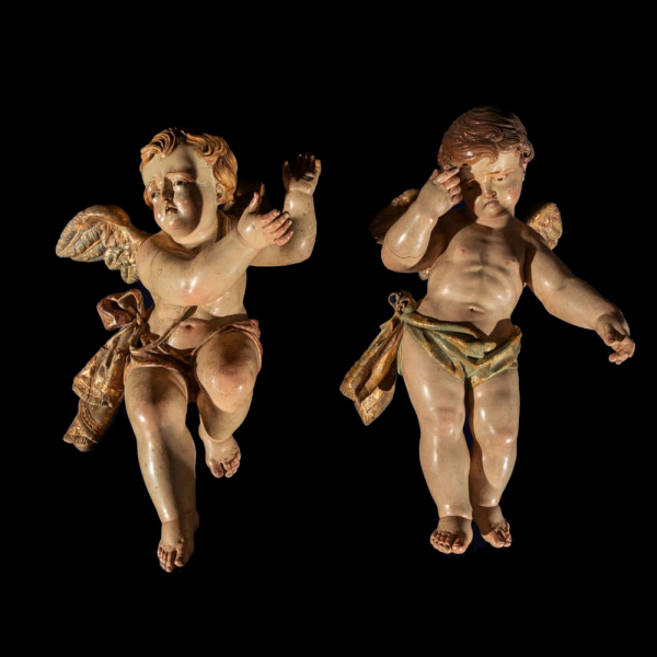 Francisco Salzillo (Murcia, 1707 - 1783) - Pareja de angelitos.   Madera policromada y tallada.