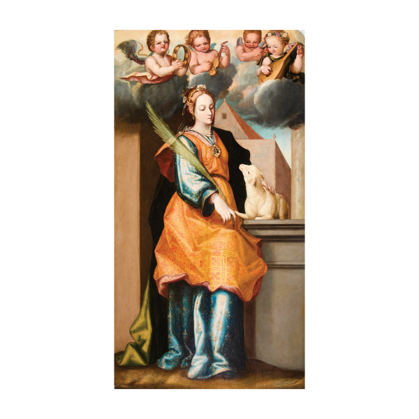 Círculo de Francisco Pacheco (Sanlúcar de Barrameda 1564-Sevilla, 1644) Santa Inés. Óleo sobre tabla.