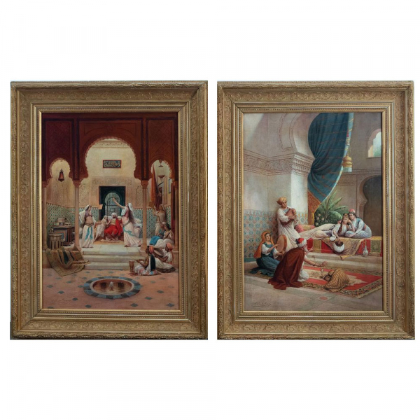 Pareja de Escenas Orientalistas de Harén, José Cala de Moya, escuela sevillana del siglo XIX.    “El encantador de serpientes y las bailarinas ante el Sultán”.  