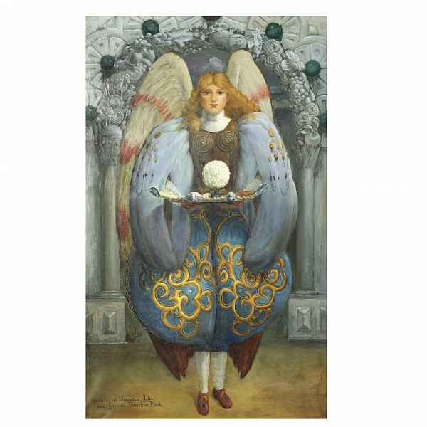 Francisco Juliá (s.XX) "Arcángel en ofrenda musical".  Técnica mixta sobre lienzo. Firmado y dedicado