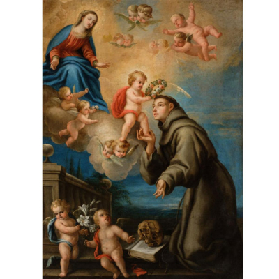 Escuela Española XVIII.  &quot;Aparición a San Antonio de Padua&quot;. Óleo sobre lienzo.