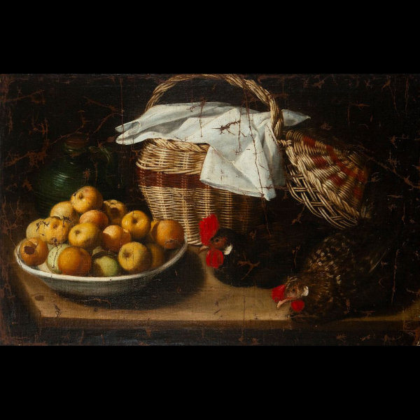 "Bodegón con frutas, cestos y gallinas" Escuela Colonial S. XVII (firmado Salvador Gutiérrez).    Óleo sobre lienzo.