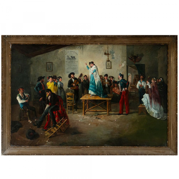 "Escena de taberna andaluza" Escuela costumbrista española. Siglo XIX.  Óleo sobre lienzo