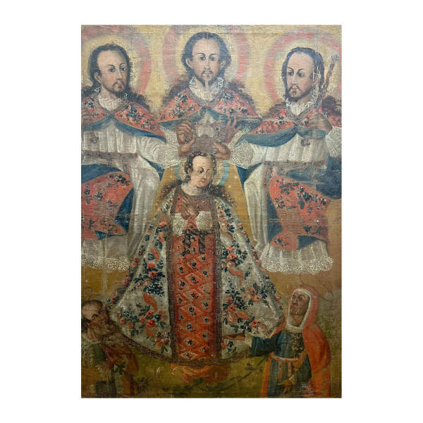 Escuela cuzqueña, s.XVIII.  La Coronación de la Virgen por la Santísima Trinidad ante San Joaquín y Santa Ana.  Óleo sobre tela. 