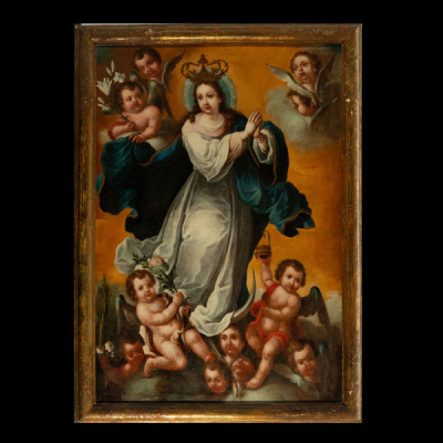 Importante Gran Virgen Inmaculada Rodeada de Ángeles Novohispana, trabajo colonial mexicano de finales del siglo XVII.