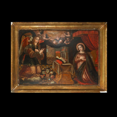 Preciosa Anunciación de María sobre tabla - Escuela Colonial Mexicana del siglo XVII - Firmado y fechado en la Base Gil Delgado? Año 1682. 