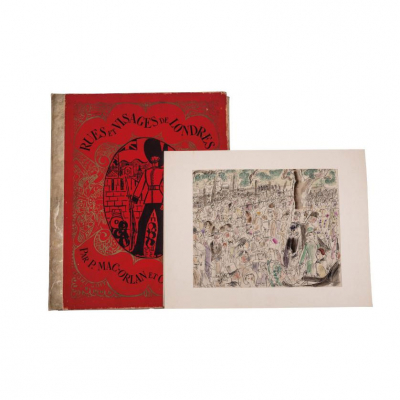 PIERRE MAC ORLAN. &quot;RUES ET VISAGES DE LONDRES&quot; París: aux dépens de l´artiste, 1928. Folio mayor, ej. en rama, contenido en estuche ed. 21 grabados al aguafuerte de Chas. Laborde, a color, más 2 suites (en total, 63 grabados).