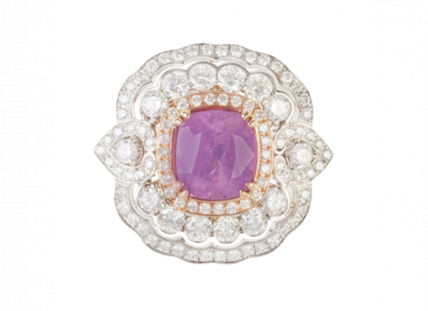 Sortija con zafiro rosa de Kashmir rosa central talla cojín 