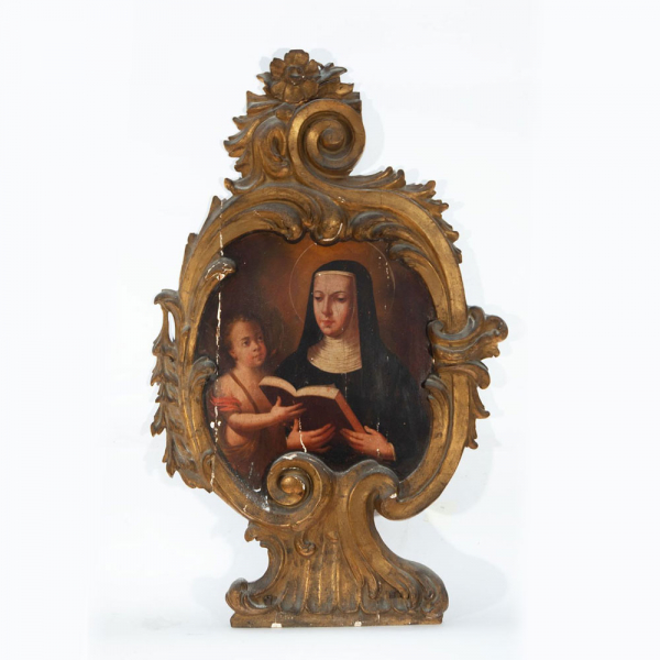 Pareja de tablas representando a Santa Ana enseñando a leer a la virgen y San Luis, escuela española de los siglos XVII XVIII. 