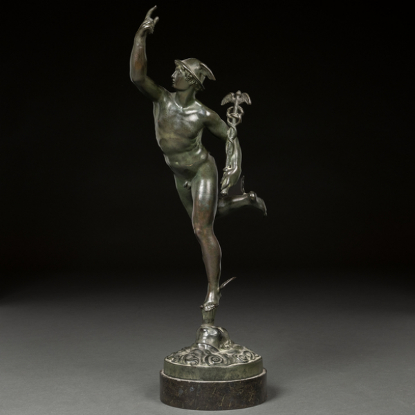 &quot;Mercurio&quot; Escultura realizada en calamina con base de mármol circular. Siglo XIX-XX