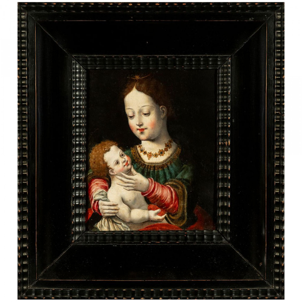 "Madonna con el Niño" Maestro del Papagayo, escuela flamenca de Amberes del siglo XVI.   Óleo sobre tabla