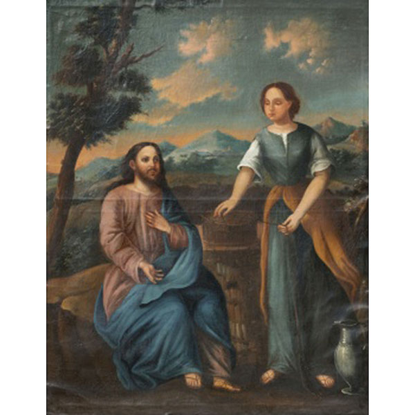 ESCUELA COLONIAL   (S. XIX)  "Jesús y La Samaritana"  Óleo / Lienzo 