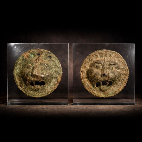 Pareja de Placas decorativas de sarcófago o armadura romana en bronce, Alto Imperial (Siglo I - II d.C.).