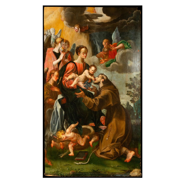 "Virgen con ni&ntilde;o" Gran tabla Tardo Renacentista. Escuela Italiana. Fin siglo XVI - XVII. &Oacute;leo sobre tabla.