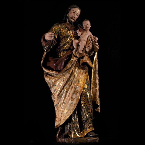 "Gran San José con Niño" en talla, trabajo colonial Novohispano de finales del siglo XVII.