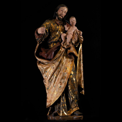 "Gran San Jos&eacute; con Ni&ntilde;o" en talla, trabajo colonial Novohispano de finales del siglo XVII.