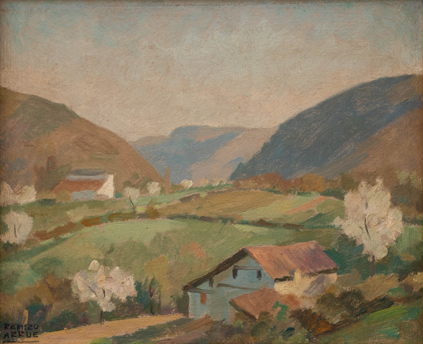 "Paisaje vasco con caseríos" RAMIRO ARRUE(Bilbao, 1892 - San Juan de Luz, 1971) Óleo/Táblex