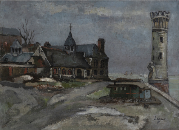 CELSO LAGAR (Ciudad Rodrigo, 1891 - Sevilla, 1966)  La roulotte pr&egrave;s d'une tour, c.1940 