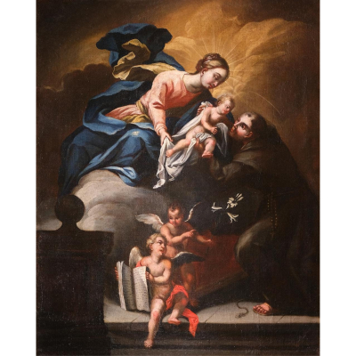 Escuela espa&ntilde;ola, fles. del s.XVII.  Aparici&oacute;n de la Virgen y el Ni&ntilde;o Jes&uacute;s a San Antonio de Padua. 