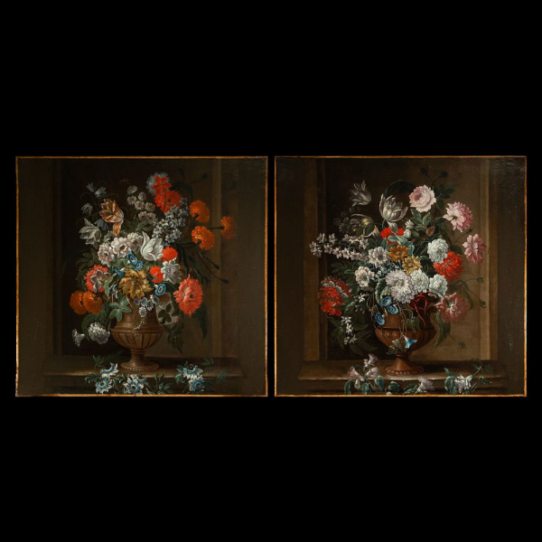 Grande y Excepcional Pareja de "Bodegones de Flores" italianos, maestro Napolitano o Romano del siglo XVII.    En óleo sobre lienzo
