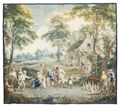 Tapiz en lana, con una escena de la vida cotidiana, según Teniers. Firmado, &quot;BB. V.LEYNIERS.D.L.&quot;  Bruselas Bravante, taller de Urbanus y Daniel III* (1729-1745).