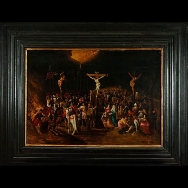 Gran óleo sobre tabla representando el Monte Calvario, círculo de Frans Fracken II (Amberes, 1581 - 1642).