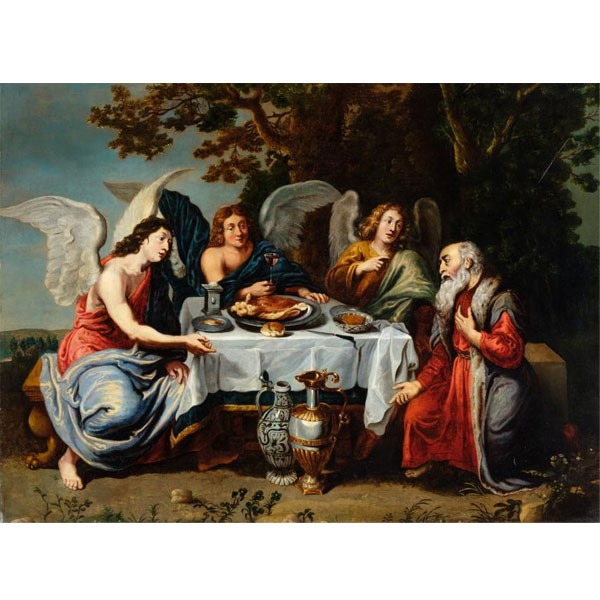 Escuela Holandesa S. XVII.  "Ángeles con Abraham y la prueba de su fe"