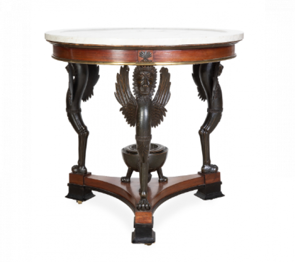 Velador con tapa de m&aacute;rmol de estilo imperio, de madera de caoba y madera ebonizada. Trabajo sueco, pp. del S. XIX.
