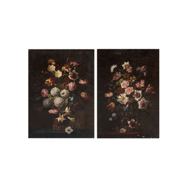 ESCUELA VALENCIANA O MALLORQUINA   S. XVIII "Bodegón de cesta con flores " Óleo / Lienzo (pareja) 