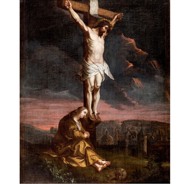 Escuela Española S. XVIII.  "María ante la Cruz". Óleo sobre lienzo.