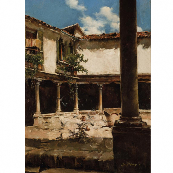 Jos&eacute; de Madrazo Agudo.   "Patio con ni&ntilde;o y palomas". &Oacute;leo sobre lienzo.