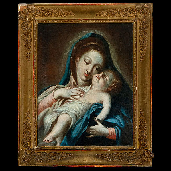 Escuela Madrileña del siglo XVII - Virgen con el Niño.   Óleo sobre lienzo.