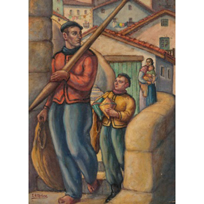 LUCIO ORTIZ DE URBINA  (1892 - 1986) &quot;Arrantzal y personajes en el Puerto Viejo&quot;