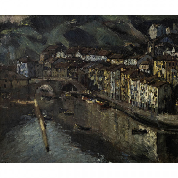 "Ondarroa en el puerto" c. 1974.  IGNACIO GARCÍA ERGUIN (Bilbao, 1934) Óleo/Lienzo