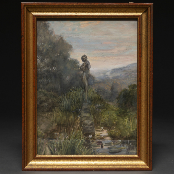 "Jardín con escultura de sátiro tocando el aulos"  Autoría: WILLIAM LEIGHTON(Londres, 1840-1883) 