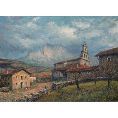 JUAN BAYÓN SALADO &quot;BAY-SALA&quot;  (Logroño 1913 - Bilbao 1995) &quot;Paisaje con iglesia, caseríos y personajes&quot;