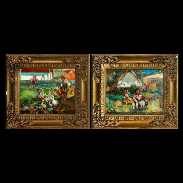 Escuela Española del siglo XIX - Pareja de escenas costumbristas.   Óleo sobre tabla.